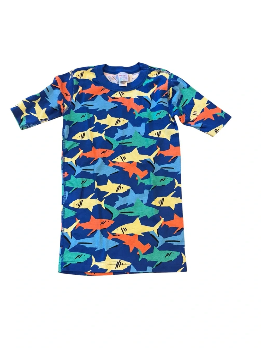 Hanna Andersson Blue night shirt with Orange, Yellow and Green Sharks